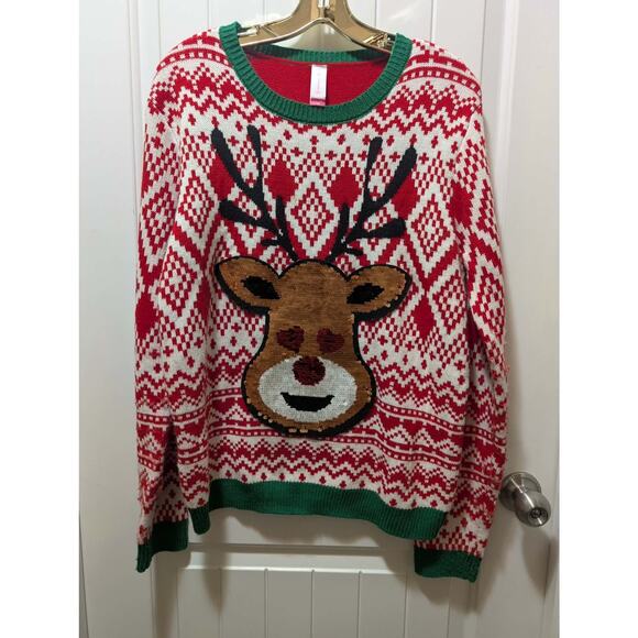 Ugly Christmas Sweater Sequin Rudolph Reindeer Red & Green, Juniors XXL 19 - Picture 4 of 10